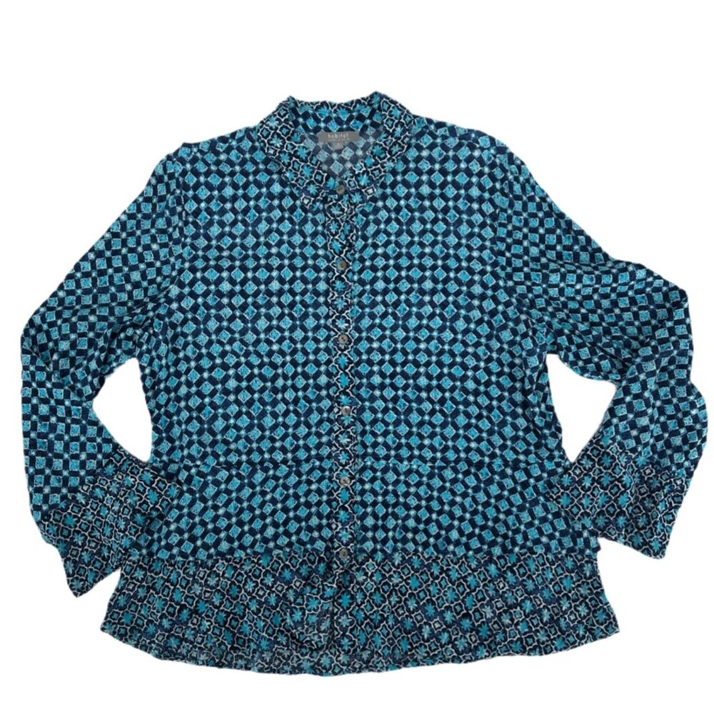 💎 Habitat Blue Geometric Print Blouse Artsy Flounce Sleeve M 💎 - Picture 2 of 6